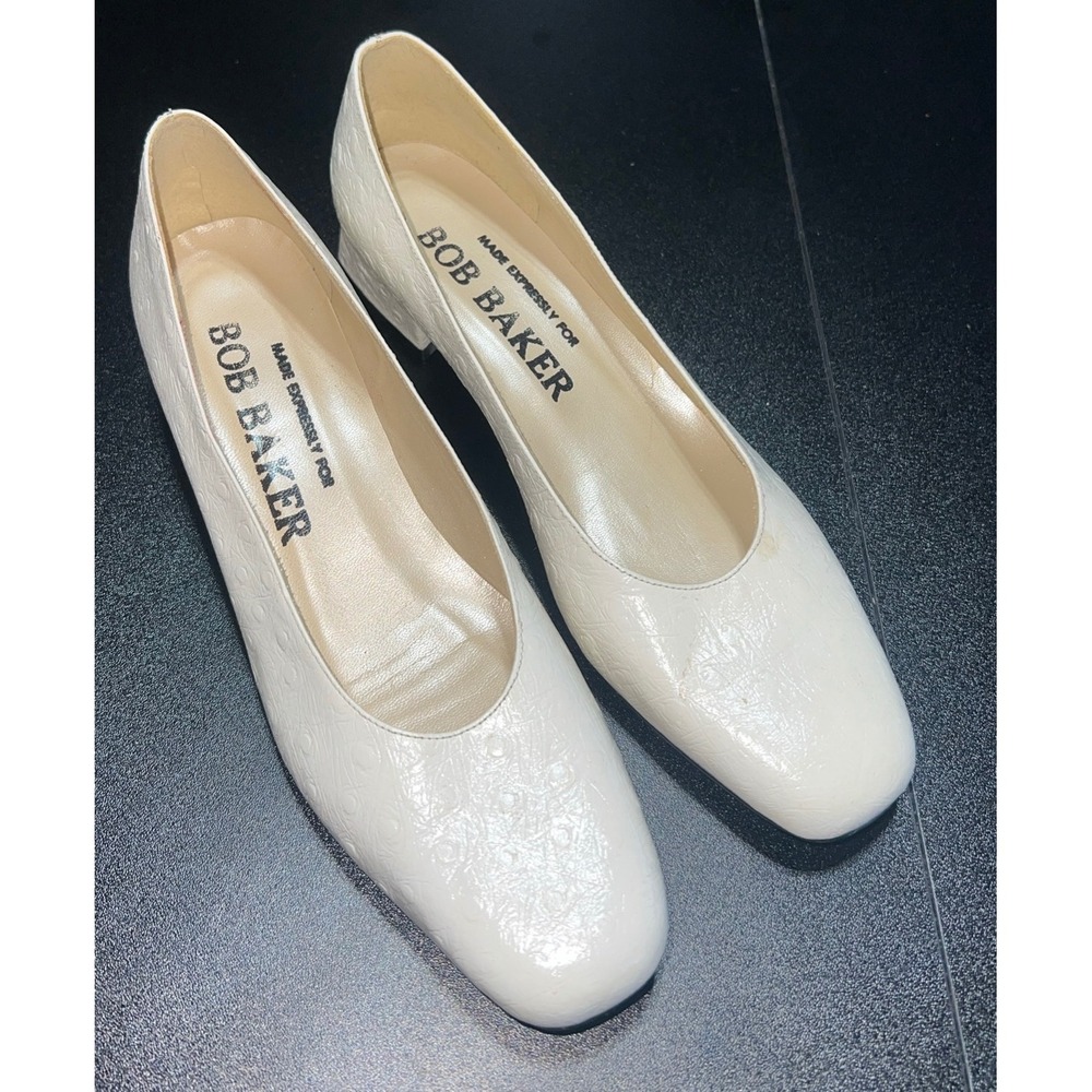 Bob Baker Vintage‎ Cream Textured Leather Square Toe Block Heel Pumps 7.5N